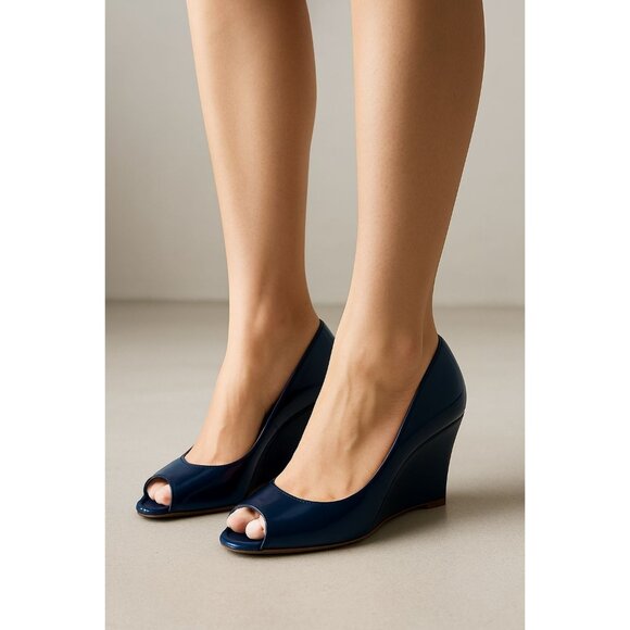 Jimmy Choo Womens Peep Toe Wedge Sandal Blue 39.5 QuietLuxury Old Money Minimali - Picture 1 of 15